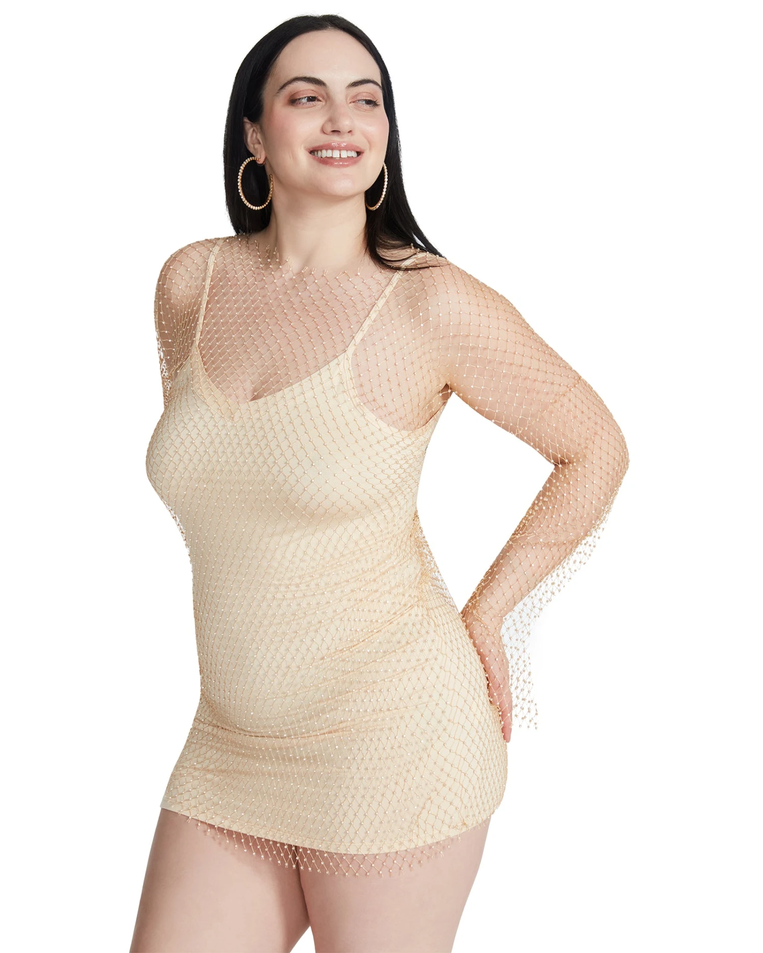 MESH RHINESTONE MINI DRESS TAN 2 MESH RHINESTONE MINI DRESS TAN - Image 2